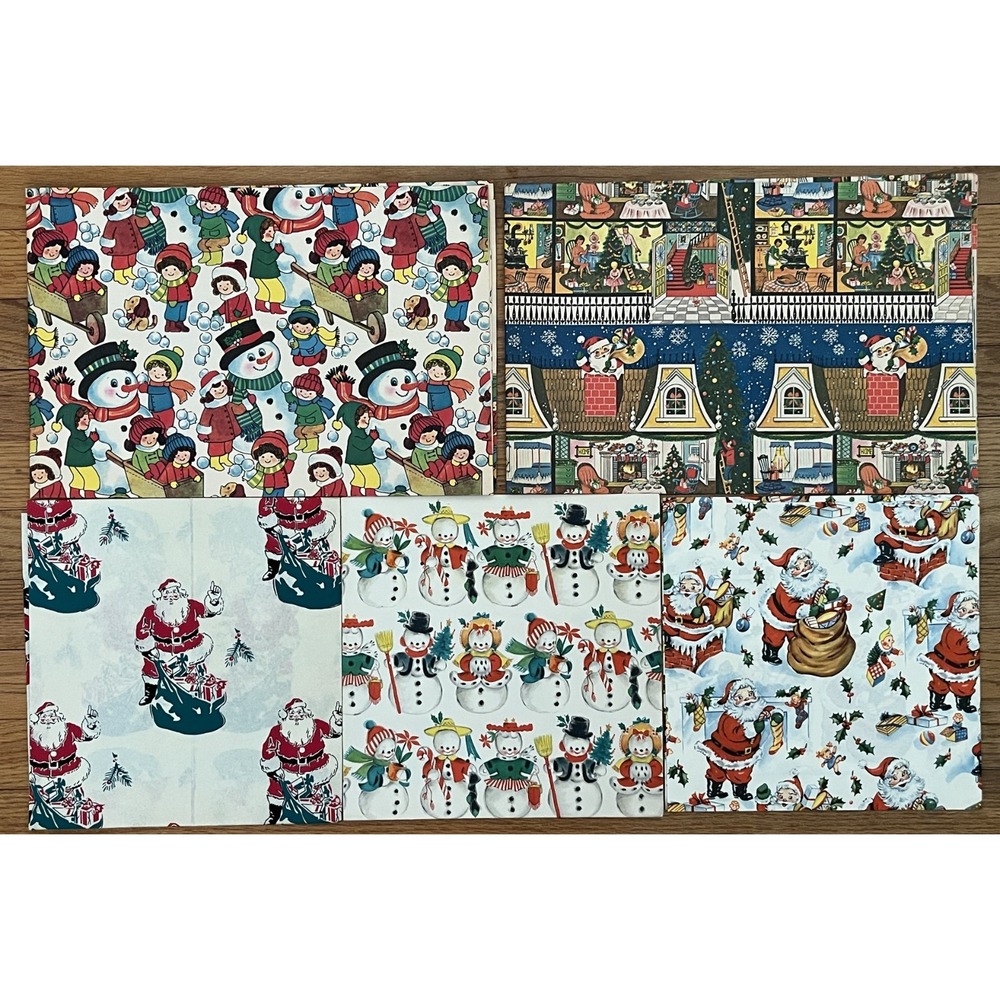 Vintage Lot 5 Christmas Gift Wrapping Paper Santa Snowman Holiday Craft Sheets